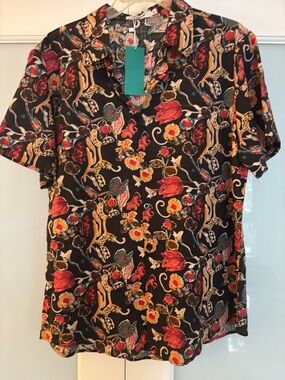 Casual Floral Button-Down Shirt - Black with Multicolor Floral Print